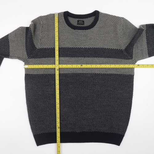 ACW85 Men's Grey Striped Knit Jumper L Crew Neck Wool Blend