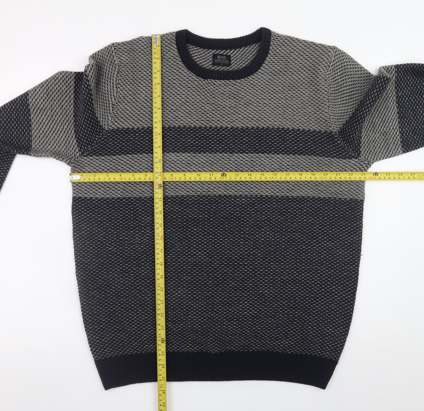 ACW85 Men's Grey Striped Knit Jumper L Crew Neck Wool Blend