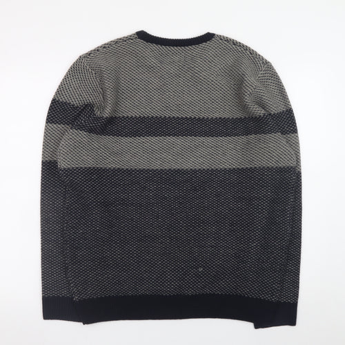 ACW85 Men's Grey Striped Knit Jumper L Crew Neck Wool Blend