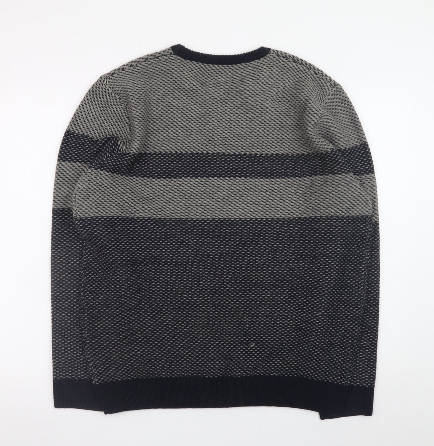 ACW85 Men's Grey Striped Knit Jumper L Crew Neck Wool Blend