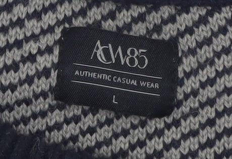 ACW85 Men's Grey Striped Knit Jumper L Crew Neck Wool Blend