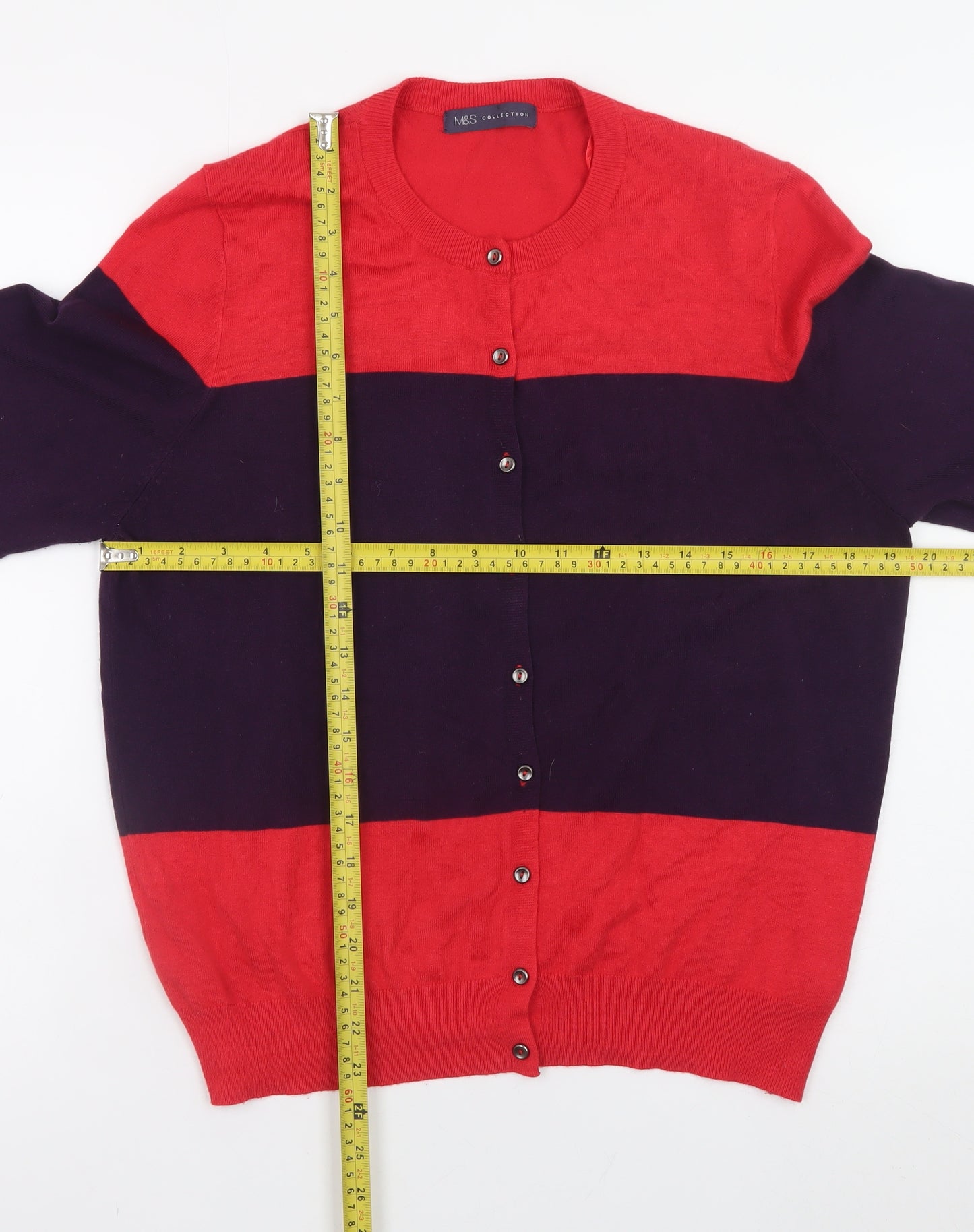 Marks and Spencer Women Red & Purple Colour Block Cardigan Size 16