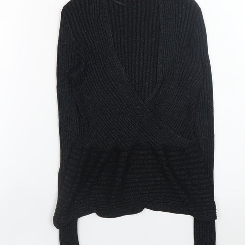 Oasis Women Black Metallic V-Neck Ribbed Knit Jumper Size S