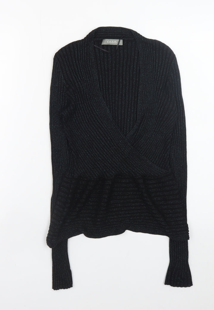 Oasis Women Black Metallic V-Neck Ribbed Knit Jumper Size S