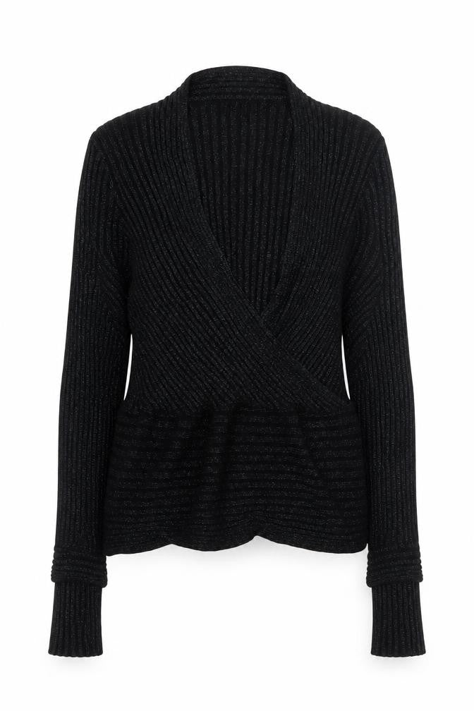 Oasis Women Black Metallic V-Neck Ribbed Knit Jumper Size S