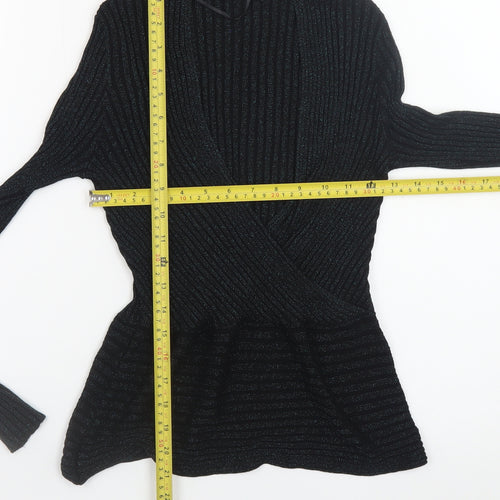 Oasis Women Black Metallic V-Neck Ribbed Knit Jumper Size S