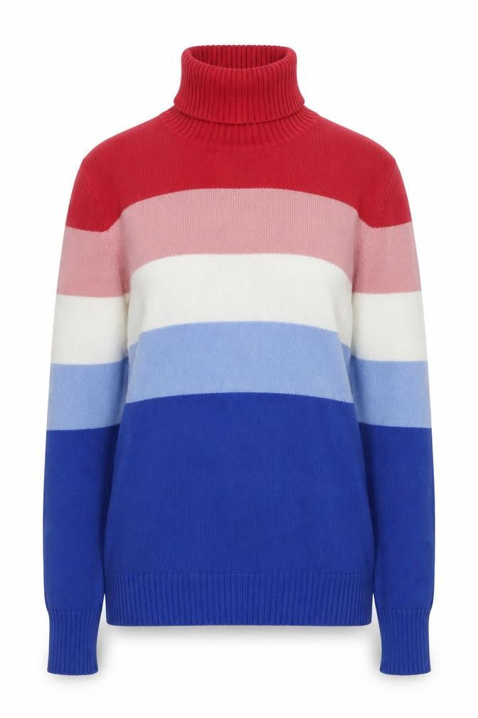 Front view of Parke & Ronen Women's Multicoloured Roll Neck Stripe Cotton Jumper, size M