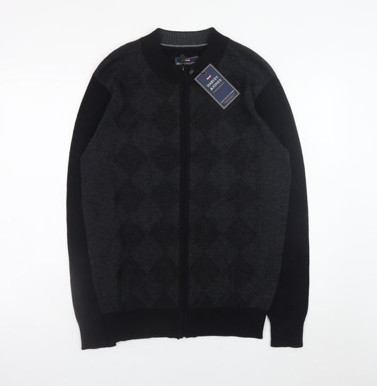 Harvey & Jones Men's Black Argyle Full Zip Cotton Jumper S