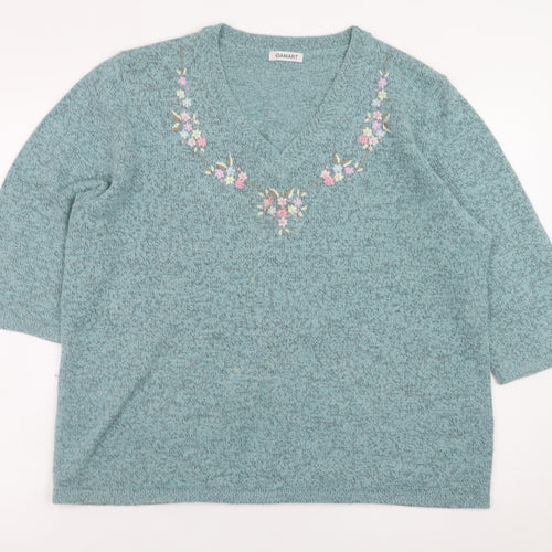 Damart Womens Green Embroidered V-Neck 3/4 Sleeve Jumper L 18/20