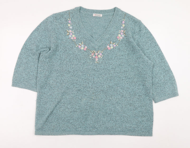 Damart Womens Green Embroidered V-Neck 3/4 Sleeve Jumper L 18/20