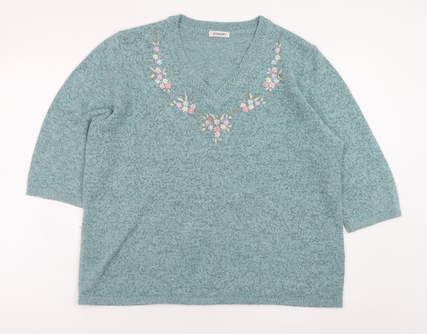 Damart Womens Green Embroidered V-Neck 3/4 Sleeve Jumper L 18/20
