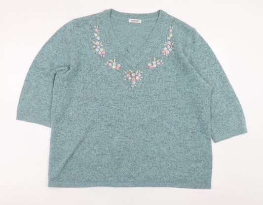 Damart Womens Green Embroidered V-Neck 3/4 Sleeve Jumper L 18/20