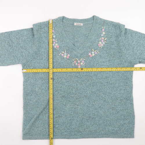 Damart Womens Green Embroidered V-Neck 3/4 Sleeve Jumper L 18/20