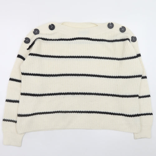 New Look Women Ivory Striped Button Shoulder Knit Jumper Size S