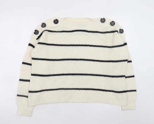 New Look Women Ivory Striped Button Shoulder Knit Jumper Size S