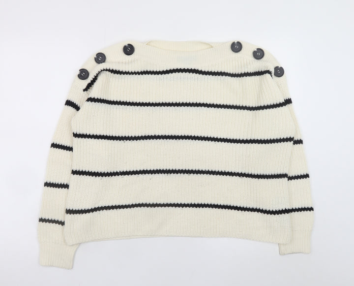 New Look Women Ivory Striped Button Shoulder Knit Jumper Size S