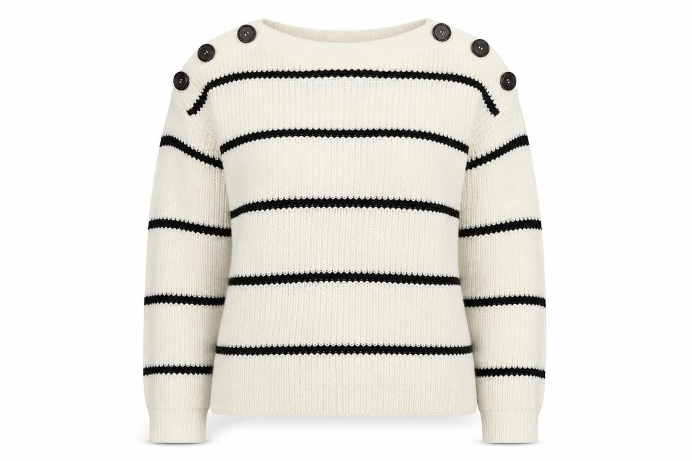 Front view of New Look Women Ivory Striped Button Shoulder Knit Jumper, size S