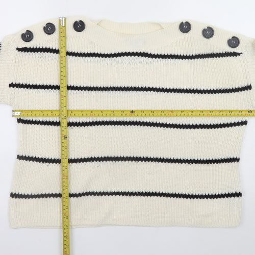 New Look Women Ivory Striped Button Shoulder Knit Jumper Size S