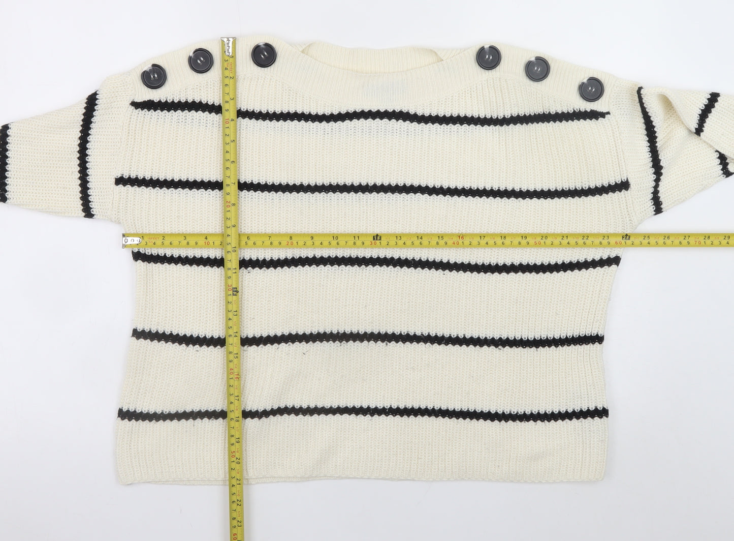 New Look Women Ivory Striped Button Shoulder Knit Jumper Size S