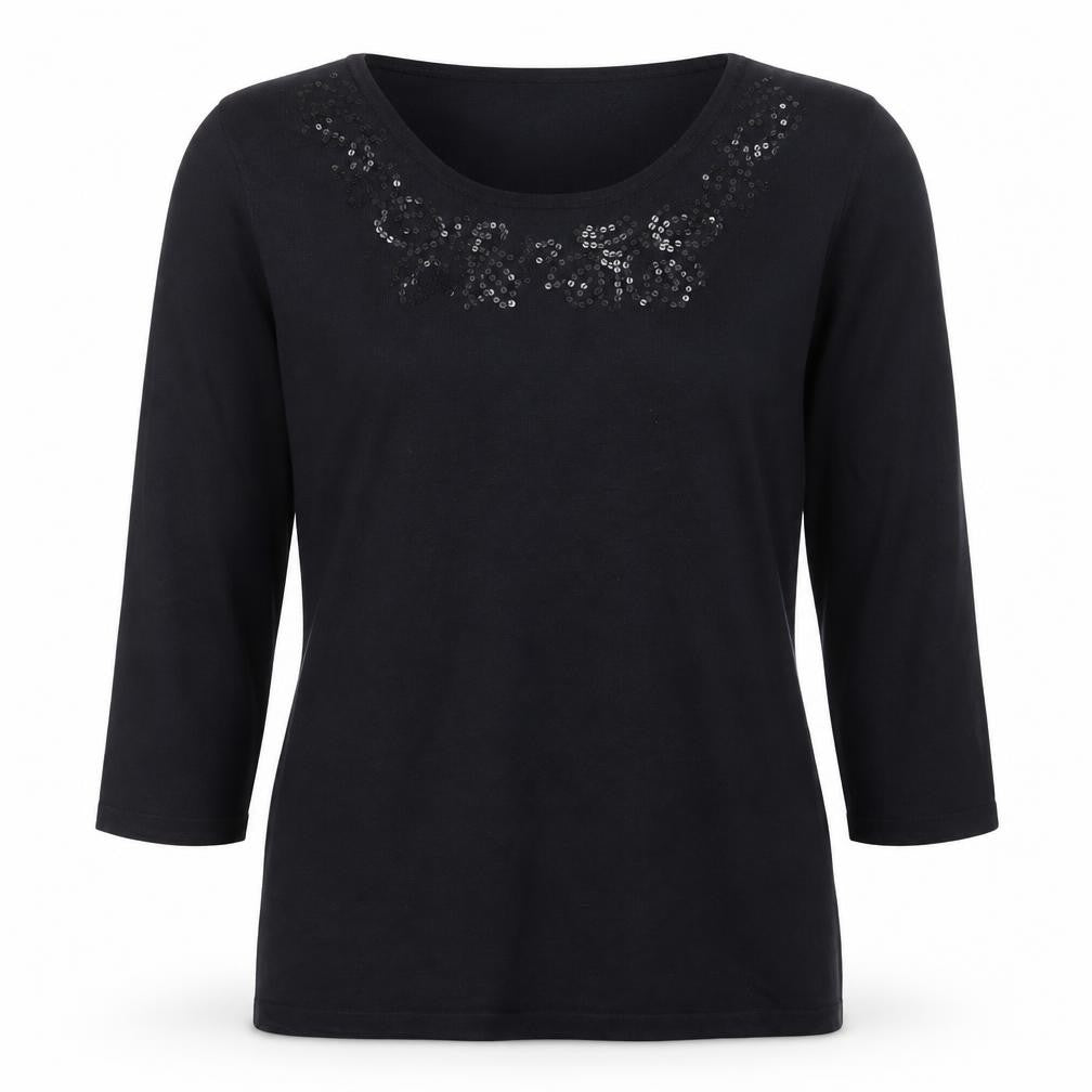 Front view of TIGI women’s black sequin scoop neck jumper, size UK 10/12