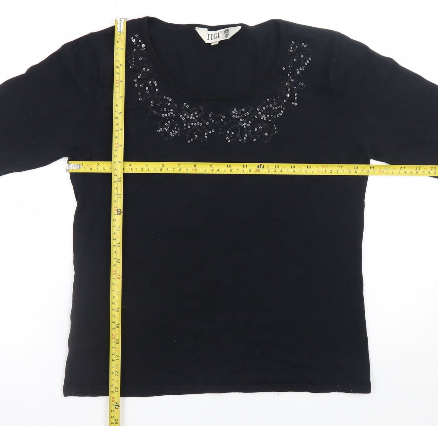 Tigi Wear Womens Black Sequin Scoop Neck Pullover Jumper Size 10/12
