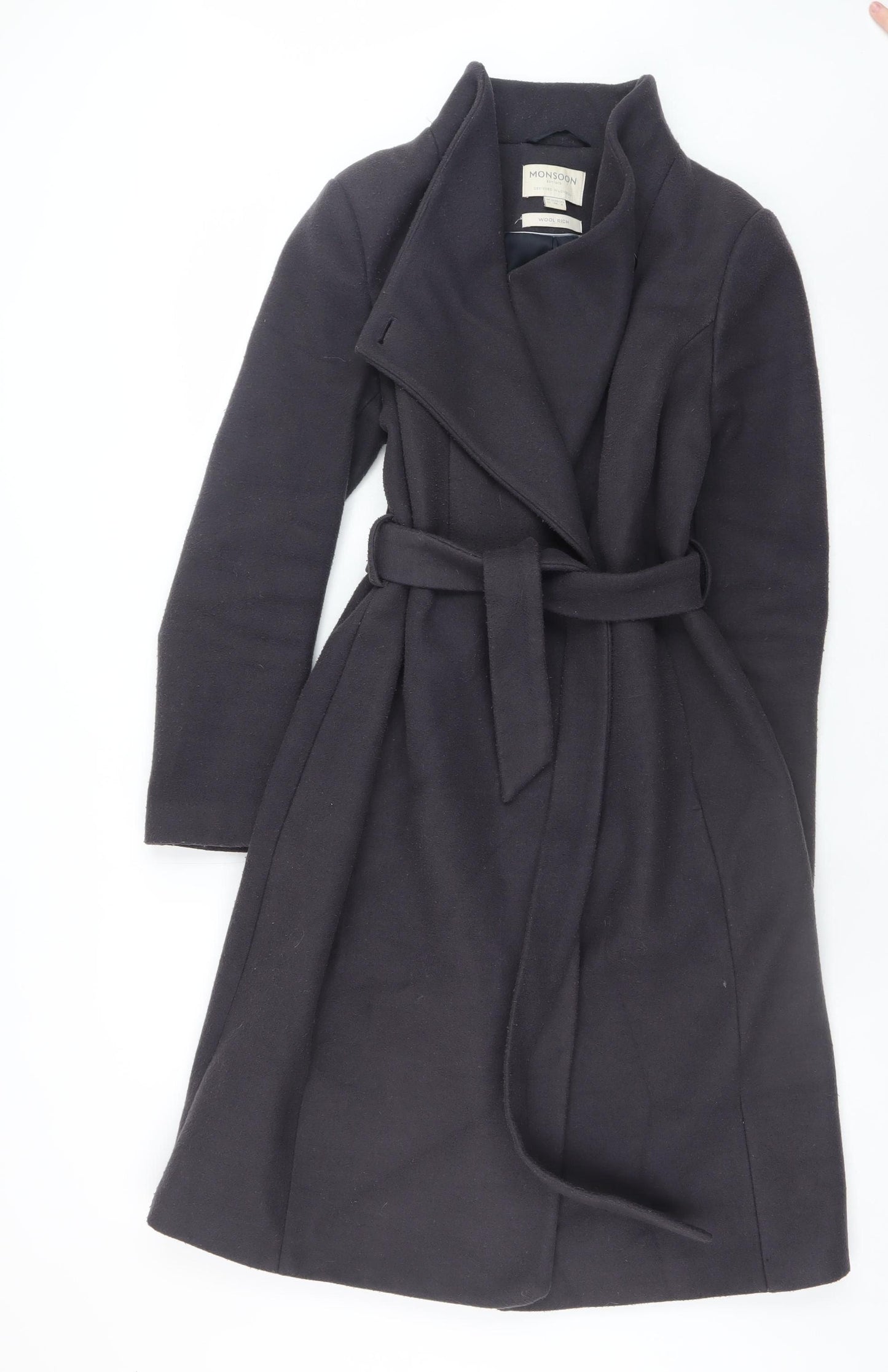 Monsoon Women's Black Wool Rich Long Belted Trench Coat Size 10