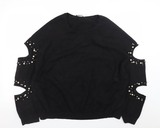ZARA Women’s Black Beaded Cold Shoulder Cotton Knit Jumper Size 12