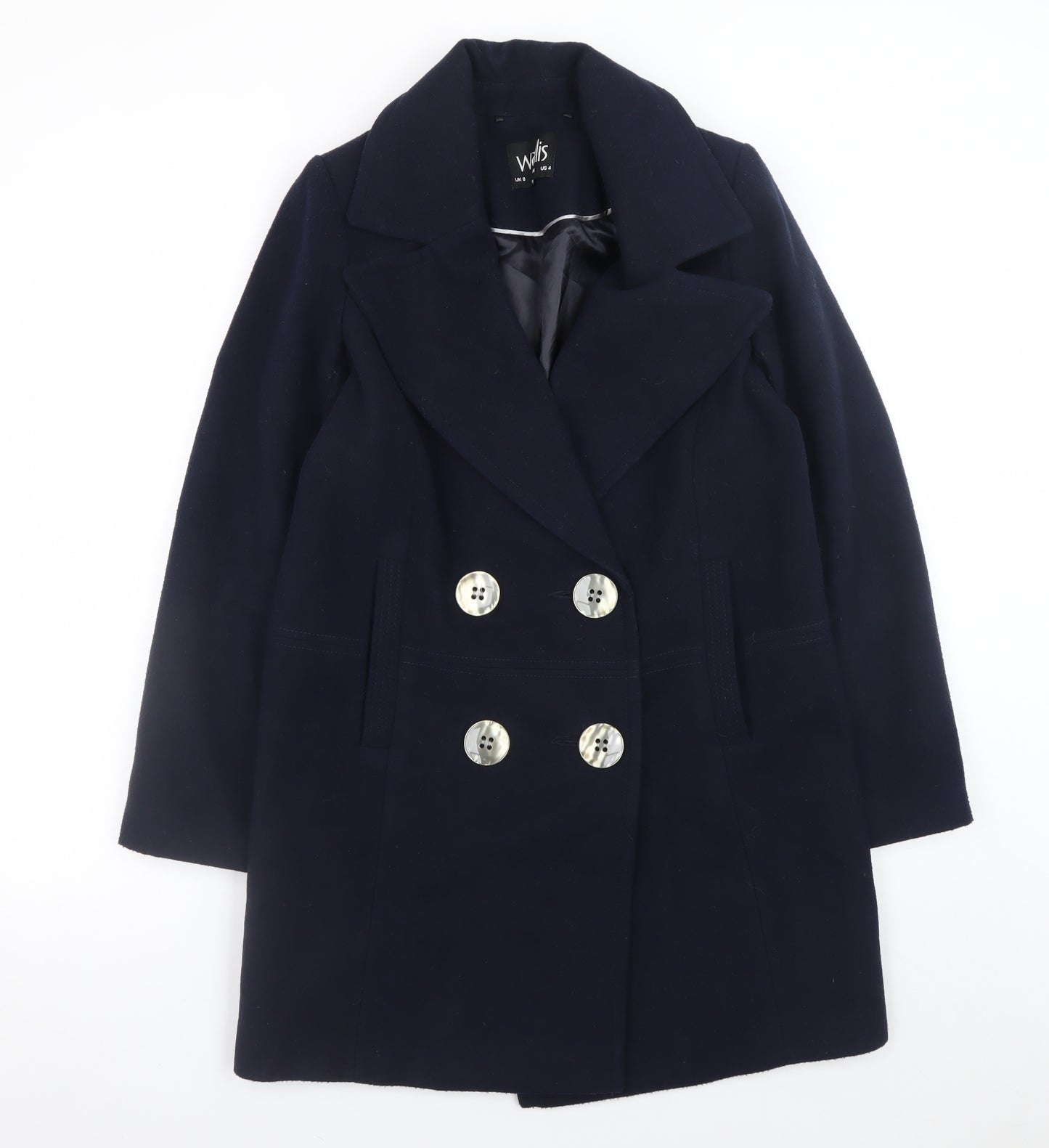 Wallis Womens Blue Pea Coat UK 8 Mid-Length Lined Buttoned