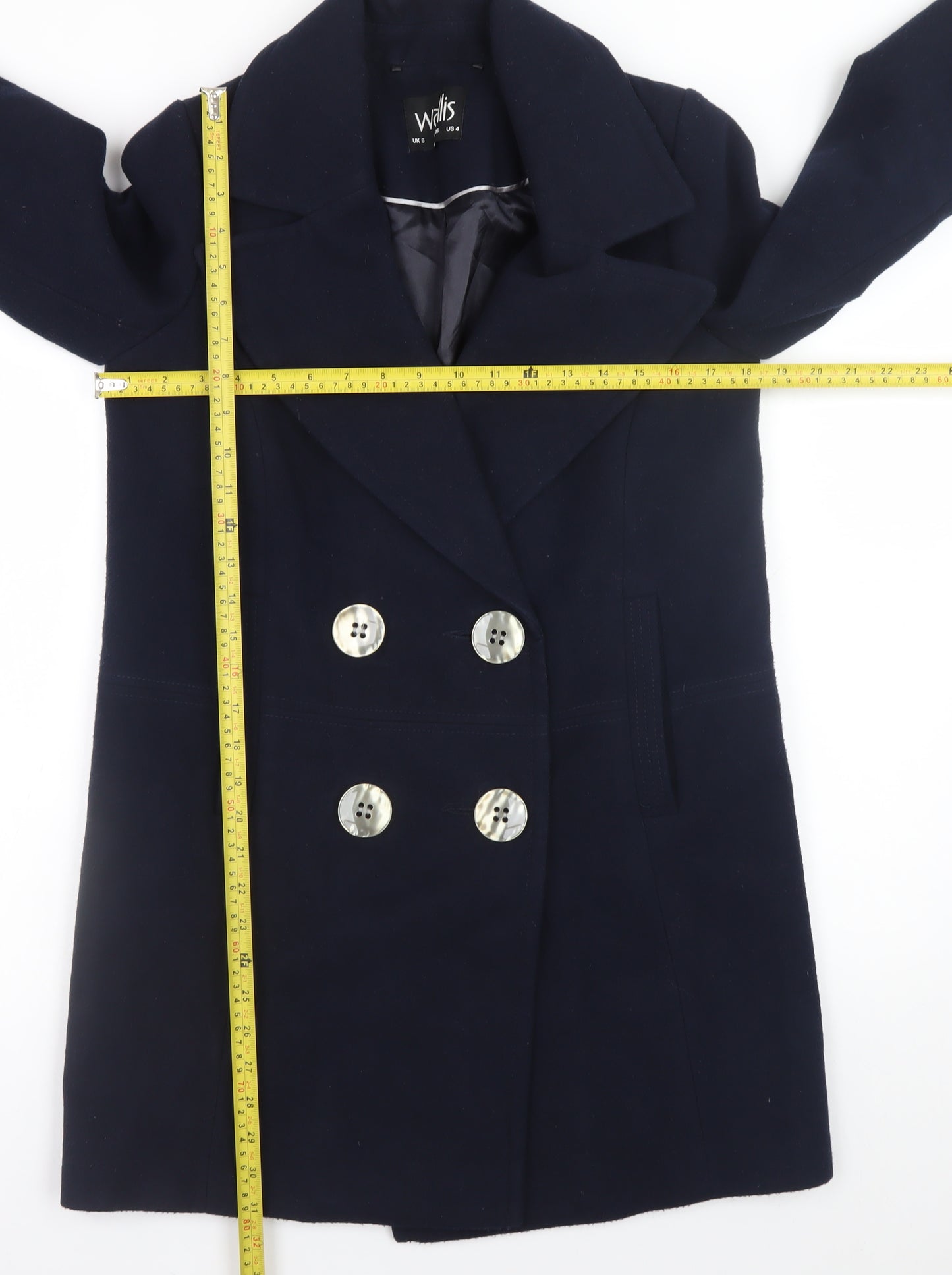 Wallis Womens Blue Pea Coat UK 8 Mid-Length Lined Buttoned