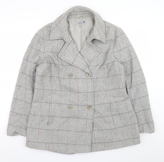 Marks and Spencer Women Grey Check Wool Blend Pea Coat UK 16