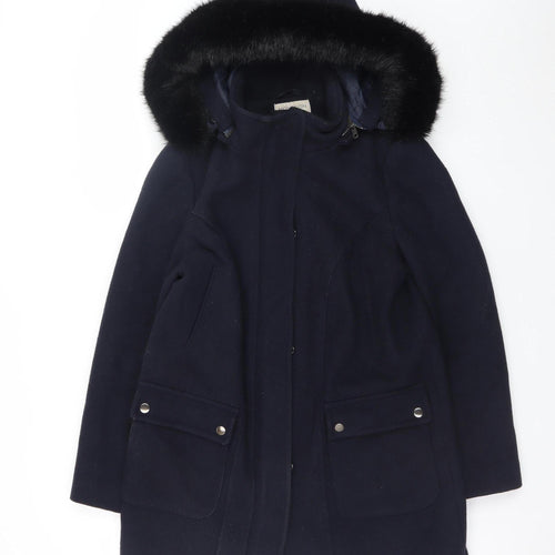 Monsoon Women's Navy Blue Wool Blend Hooded Fur Trim Coat Size 12