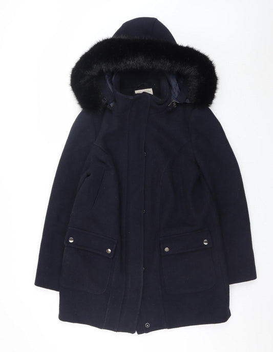 Monsoon Women's Navy Blue Wool Blend Hooded Fur Trim Coat Size 12