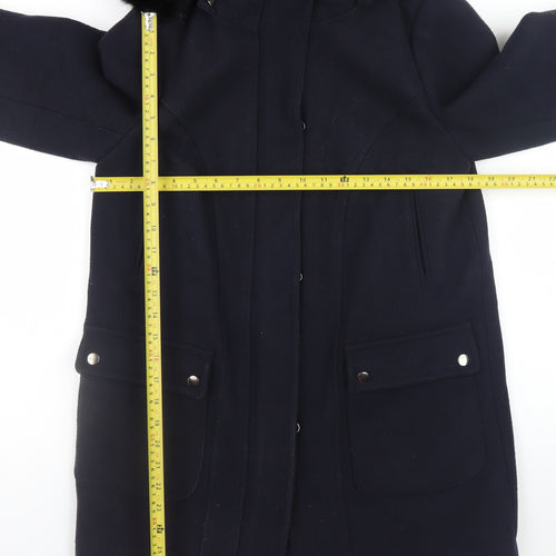 Monsoon Women's Navy Blue Wool Blend Hooded Fur Trim Coat Size 12