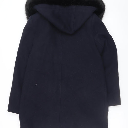 Monsoon Women's Navy Blue Wool Blend Hooded Fur Trim Coat Size 12