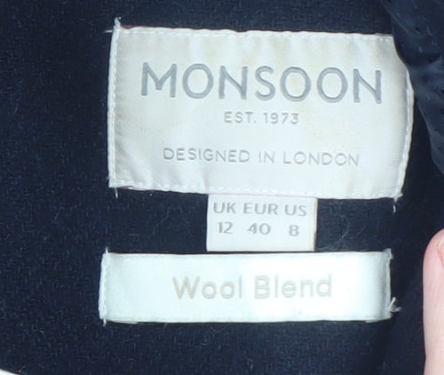 Monsoon Women's Navy Blue Wool Blend Hooded Fur Trim Coat Size 12