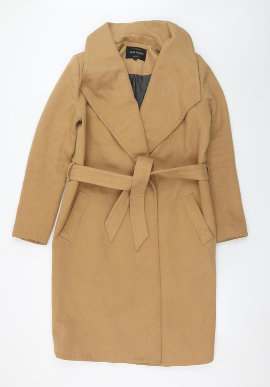 River Island Women's Beige Trench Coat Size 10 Belted Mid-Length