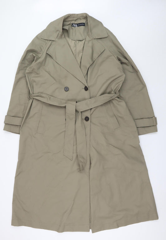 Zara Women Beige Long Trench Coat Belted Cotton Blend L