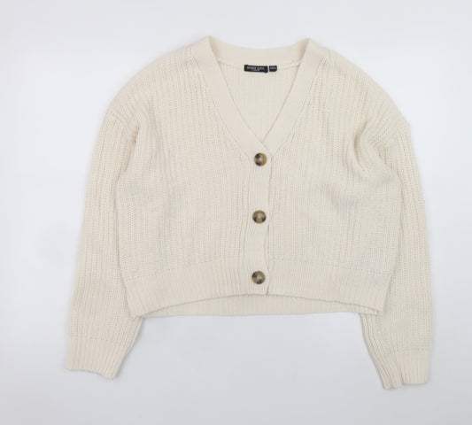 Brave Soul Women Ivory Chunky Knit V-Neck Button Cardigan Size 14