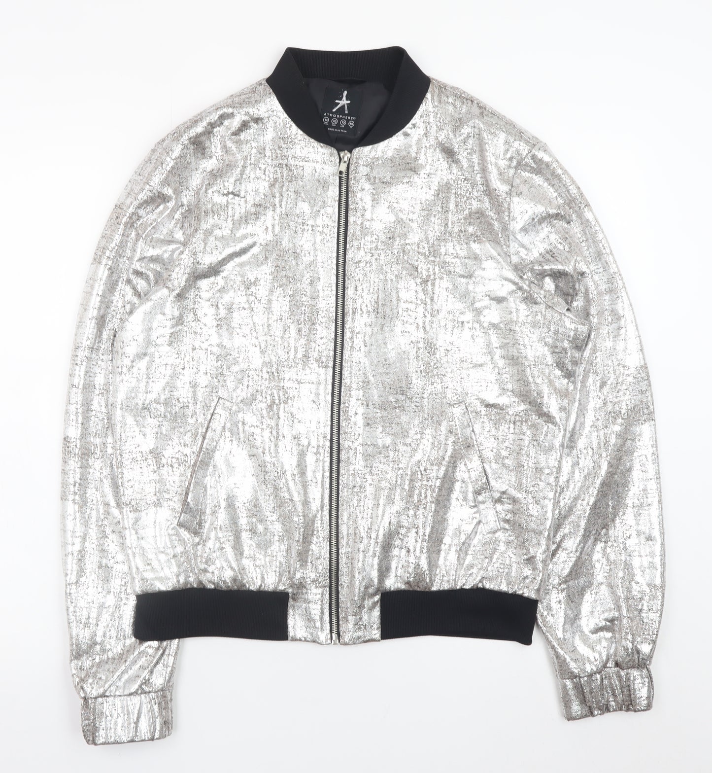 Atmosphere Women’s Silver Bomber Jacket Size 14 Metallic Zip Up