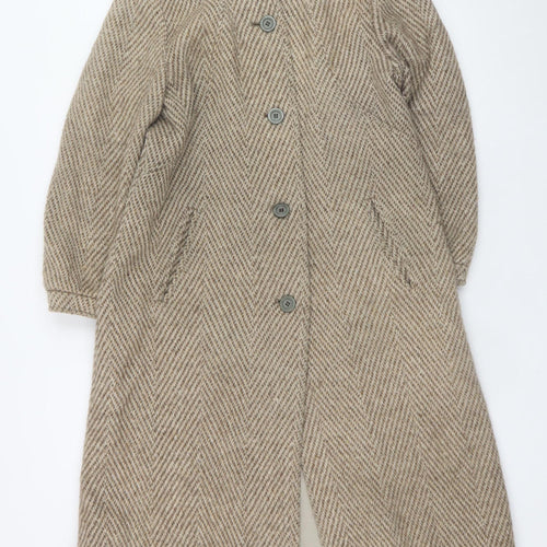 C&A Women Beige Wool Blend Long Overcoat Size 12 Classic Herringbone