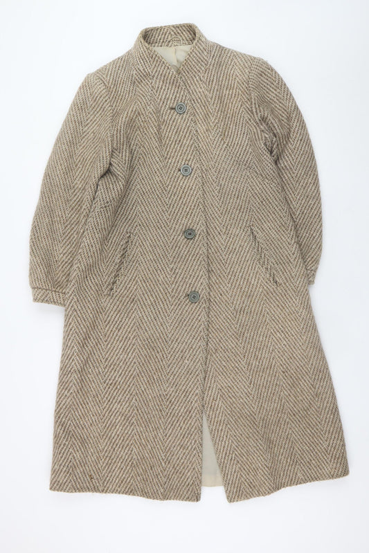 C&A Women Beige Wool Blend Long Overcoat Size 12 Classic Herringbone