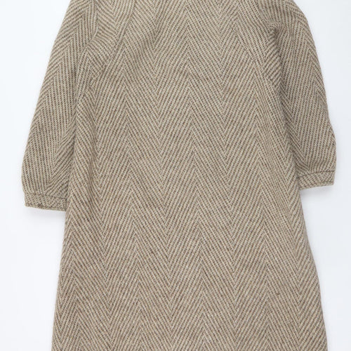 C&A Women Beige Wool Blend Long Overcoat Size 12 Classic Herringbone