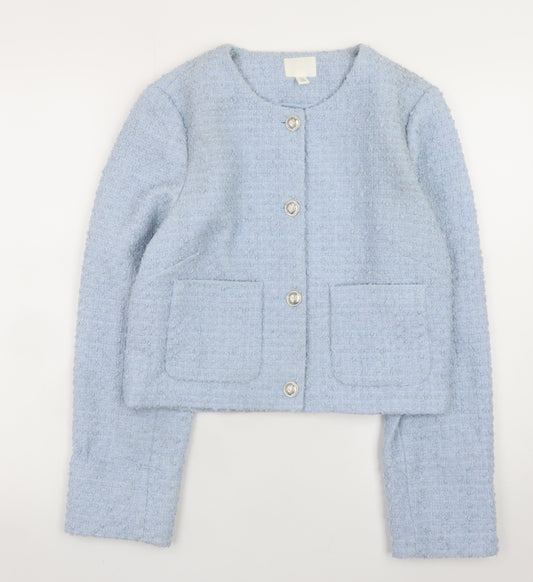 H&M Women's Blue Tweed Cropped Jacket Size 12 Classic Style