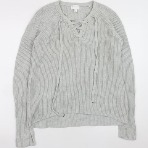 Witchery Women Grey Cotton Lace-Up V-Neck Knit Jumper Size S