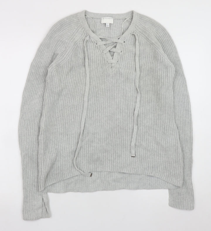 Witchery Women Grey Cotton Lace-Up V-Neck Knit Jumper Size S