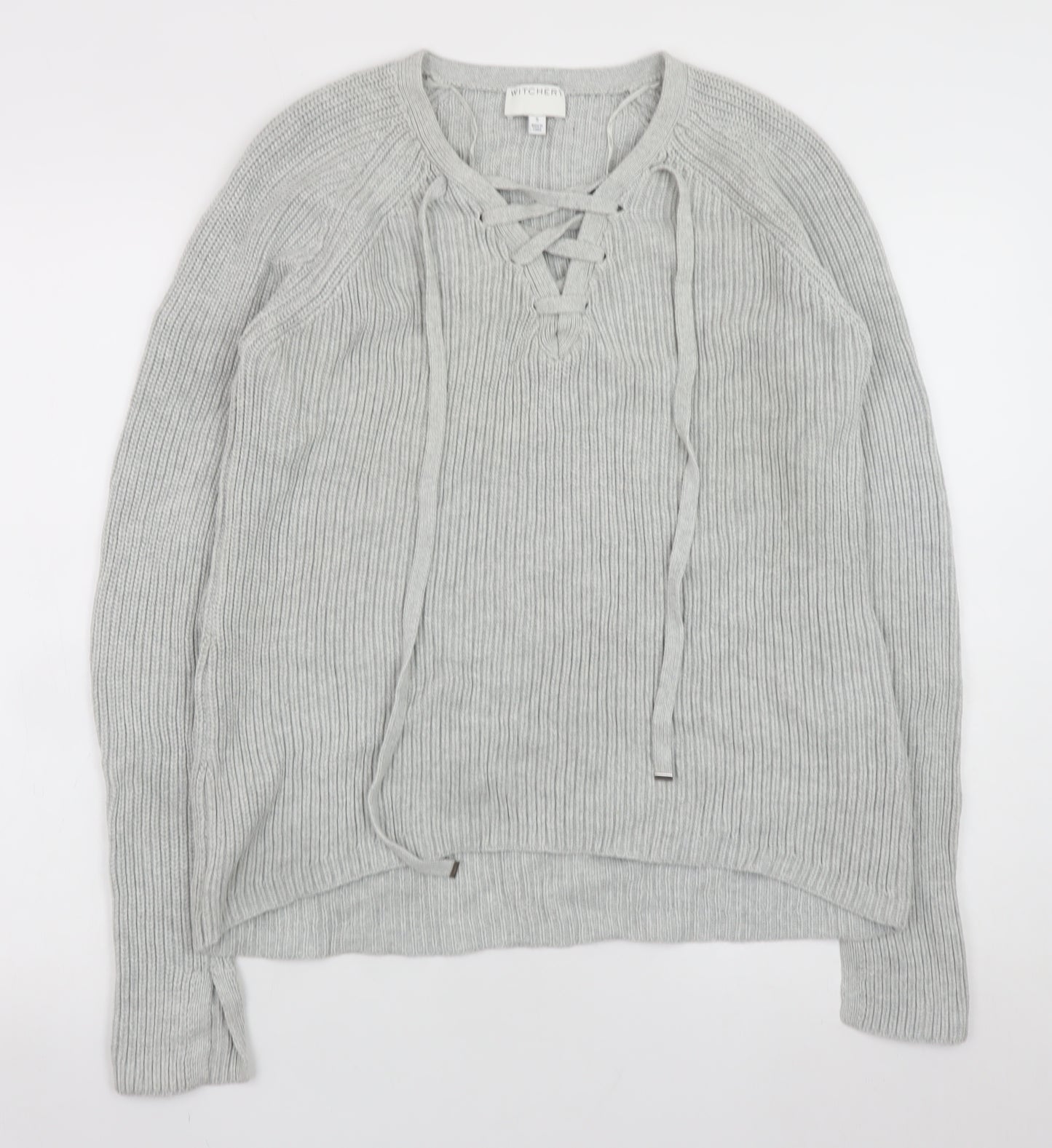 Witchery Women Grey Cotton Lace-Up V-Neck Knit Jumper Size S