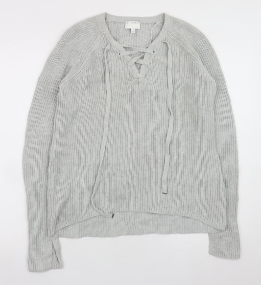 Witchery Women Grey Cotton Lace-Up V-Neck Knit Jumper Size S