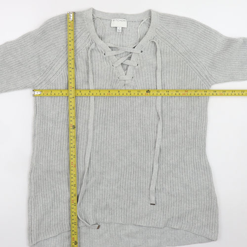 Witchery Women Grey Cotton Lace-Up V-Neck Knit Jumper Size S