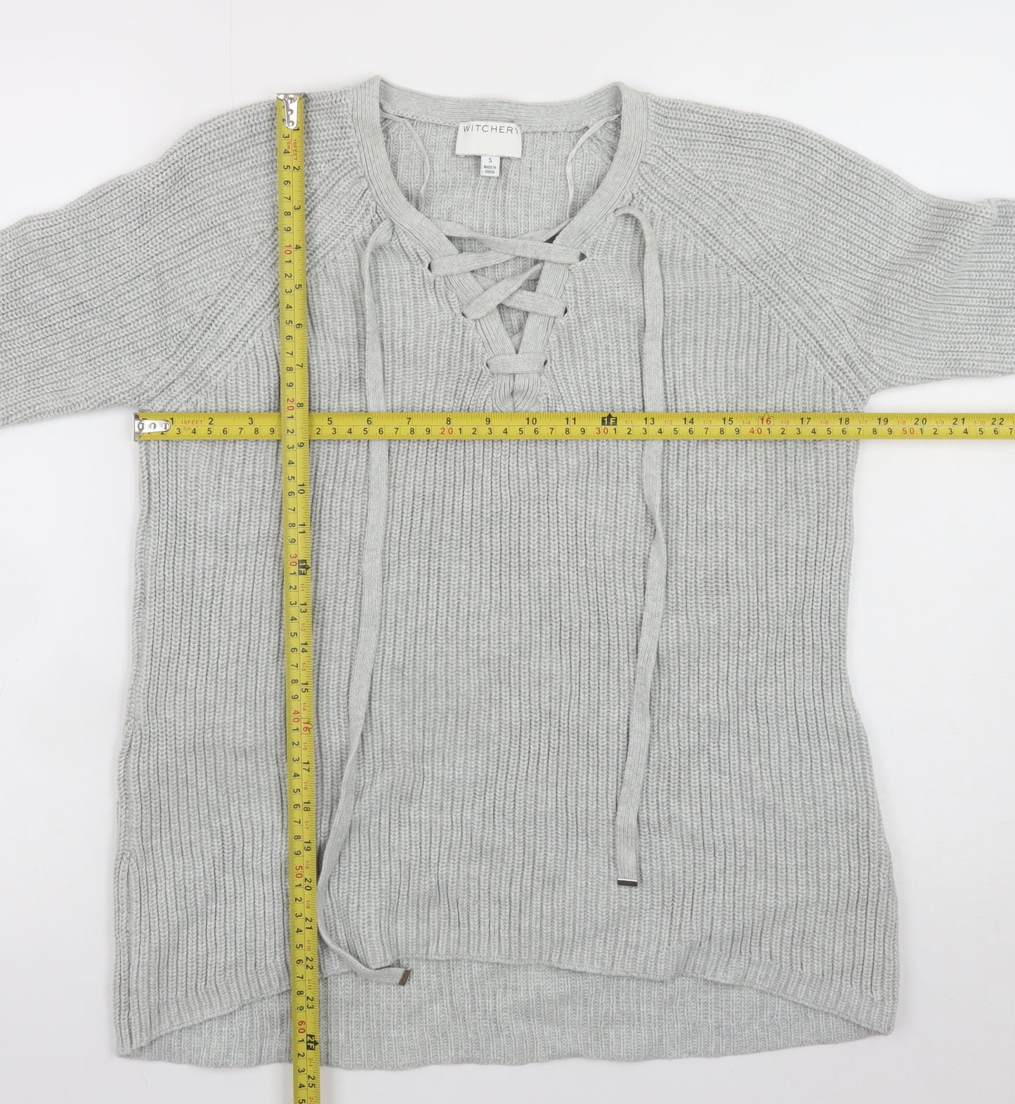 Witchery Women Grey Cotton Lace-Up V-Neck Knit Jumper Size S