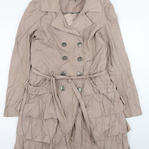 Wallis Women’s Beige Ruffle Trench Coat Size 12 Belted Double-Breasted